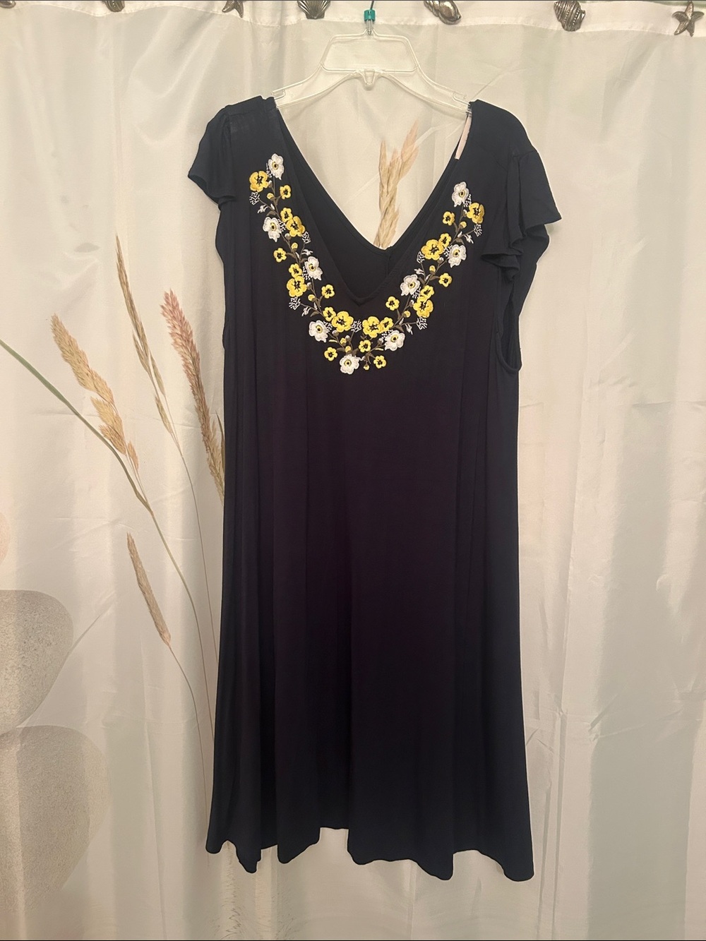 LOFT Black V‑Neck Dress with Yellow & White Floral Embroidery